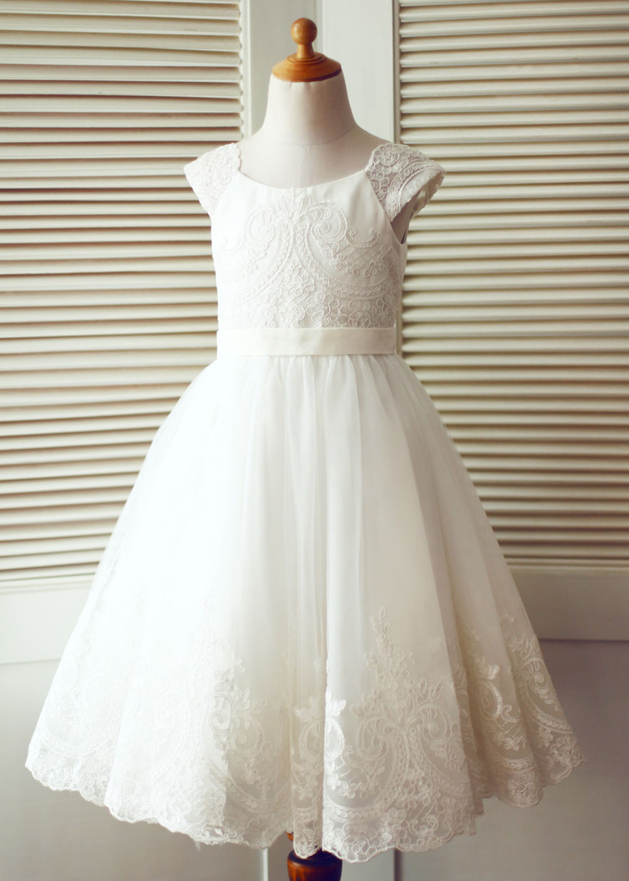 A Line Scoop Neckline Tea Length Ivory Lace Tulle Flower Girl Dress 1472